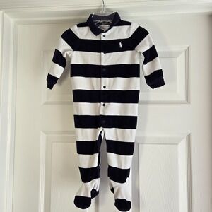 Ralph Lauren Sleeper Rugby Stripe Blue‎ White One Piece Baby Size 9 M Snap Front
